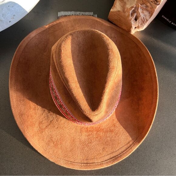 Tan Suede Wide-Brim Hat with Patterned Boho Band - Picture 6 of 7